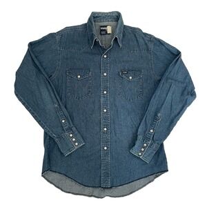 Wrangler Blue Denim Western Cut Pearl Snap Xtra Long Tails‎ Men's 16.5x36 Cowboy